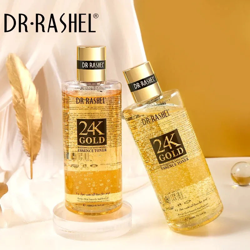 Luxurious gold bottle with dropper dispensing Dr. Rashel 24K Gold Radiance Essence Toner onto cotton pad. Text on bottle mentions "Anti-Aging Elegance" and "300ml". Close-up photo of glowing skin with water droplets, showcasing the hydrating benefits of the toner. Bottle of Dr. Rashel 24K Gold Radiance Essence Toner in the background.