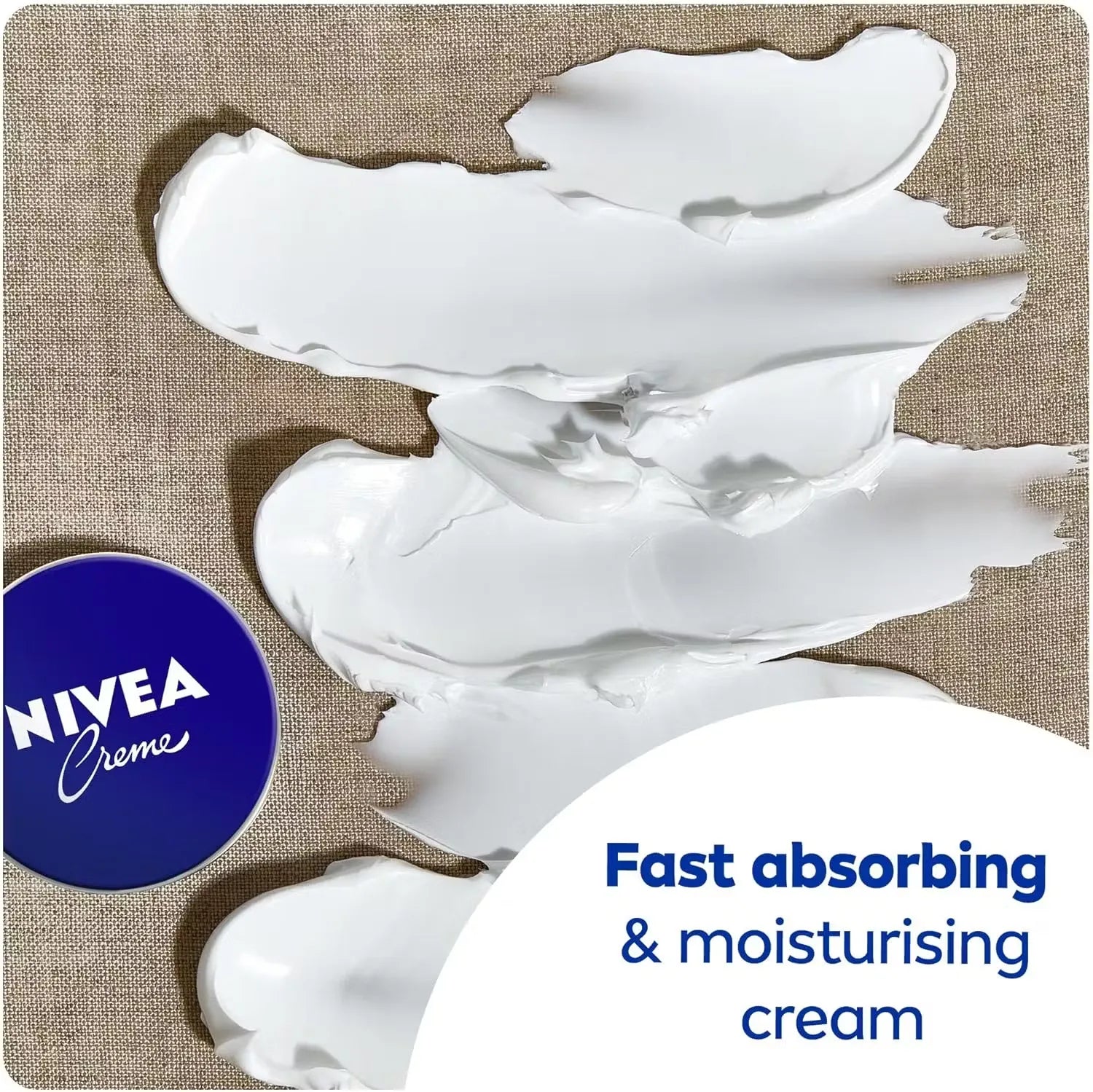 Close-up of a classic blue Nivea Creme tin (250ml) with a woman's hand opening it, revealing the creamy white moisturizer inside.