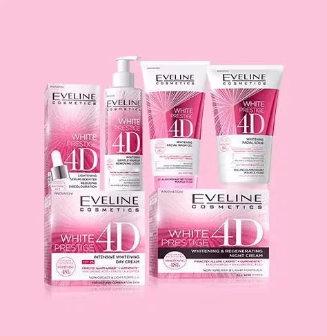 Pink bottle of Eveline White Prestige 4D Whitening Makeup Removing Lotion with pump dispenser, resting on a white background. Gentle, effective makeup remover suitable for all skin types, including waterproof makeup.