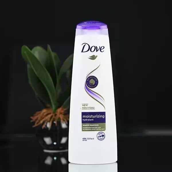 Blue bottle of Dove Hydratant Shampoo (400ml) with a pump dispenser, featuring a woman with healthy, flowing hair.