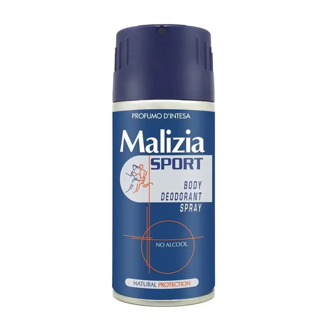 Blue Malizia Sport Body Deodorant Spray bottle with silver accents, spraying onto hand.