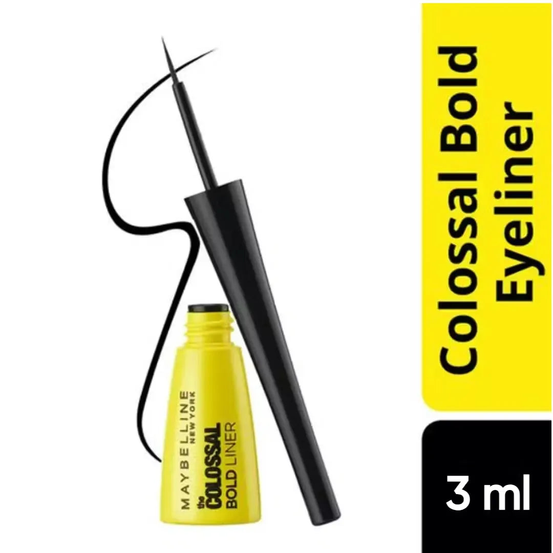 Close-up photo of Maybelline New York Colossal Bold Eyeliner pen in black with gold accents, held against a white background.