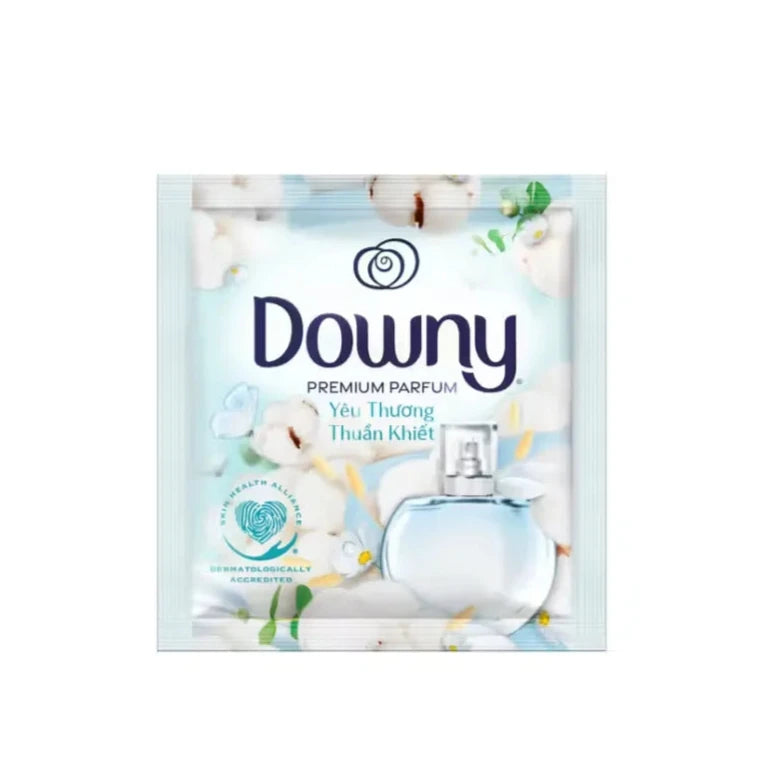 Box of Downy Premium Parfume sachets (10 x 20ml), featuring a luxurious design and scent description. Close-up of one sachet being opened, releasing a fragrant burst.