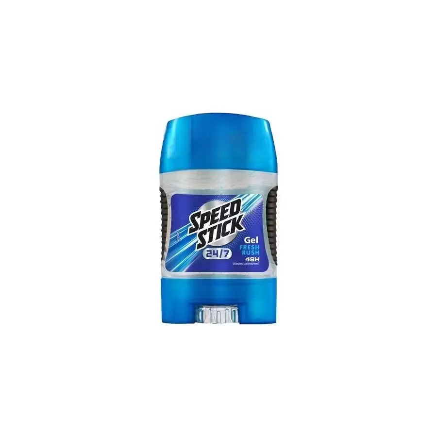 Close-up photo of Speed Stick Fresh Rush Gel Antiperspirant Deodorant (85g) in blue and white packaging.