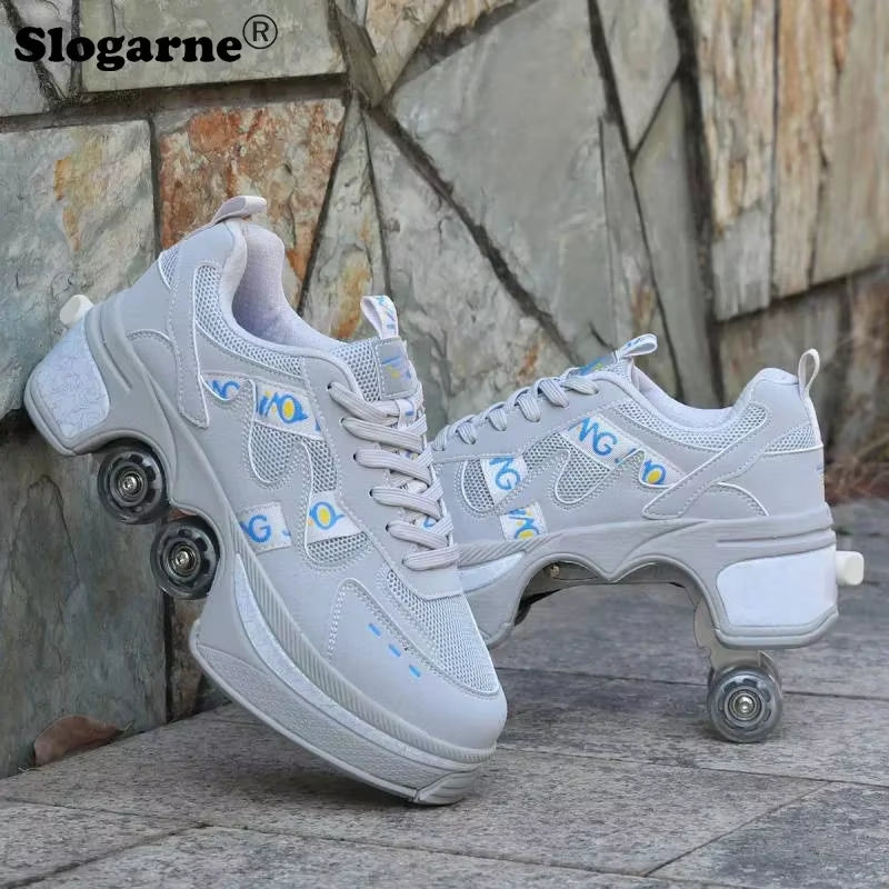 Boy Four Wheels Skate Shoes Double Rows Roller Men Inline Skates Walking Casual Sports Sneakers Kids' Deformation Roller Skates