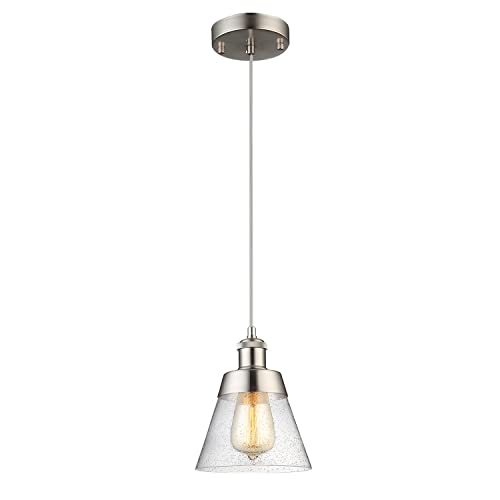 Modern Glass Pendant Light with Handblown Clear Seeded Glass Shade, Brushed Nickel