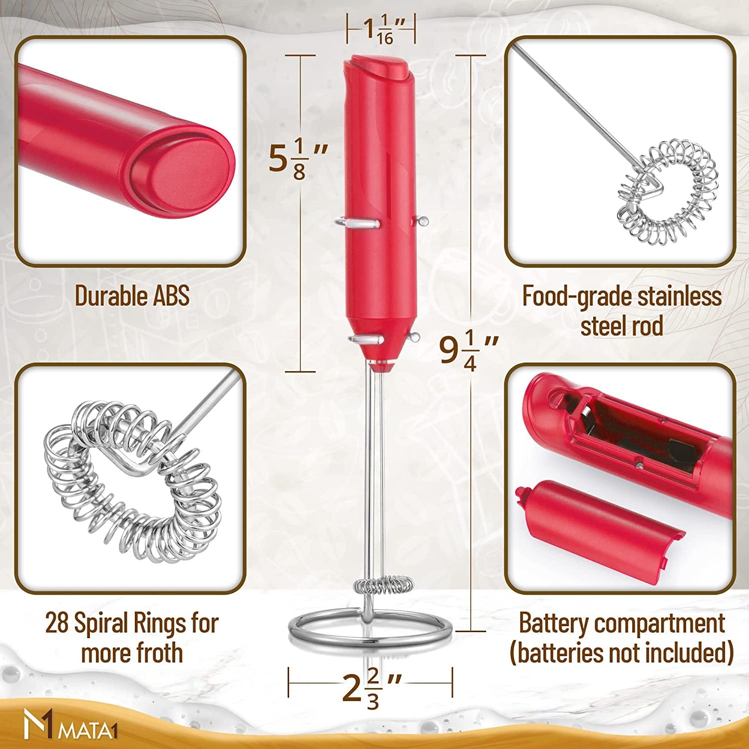 خلاط خفق حليب القهوة، خلاط مشروبات يدوي كهربائي مع حامل، أحمر، من Mata1-USA