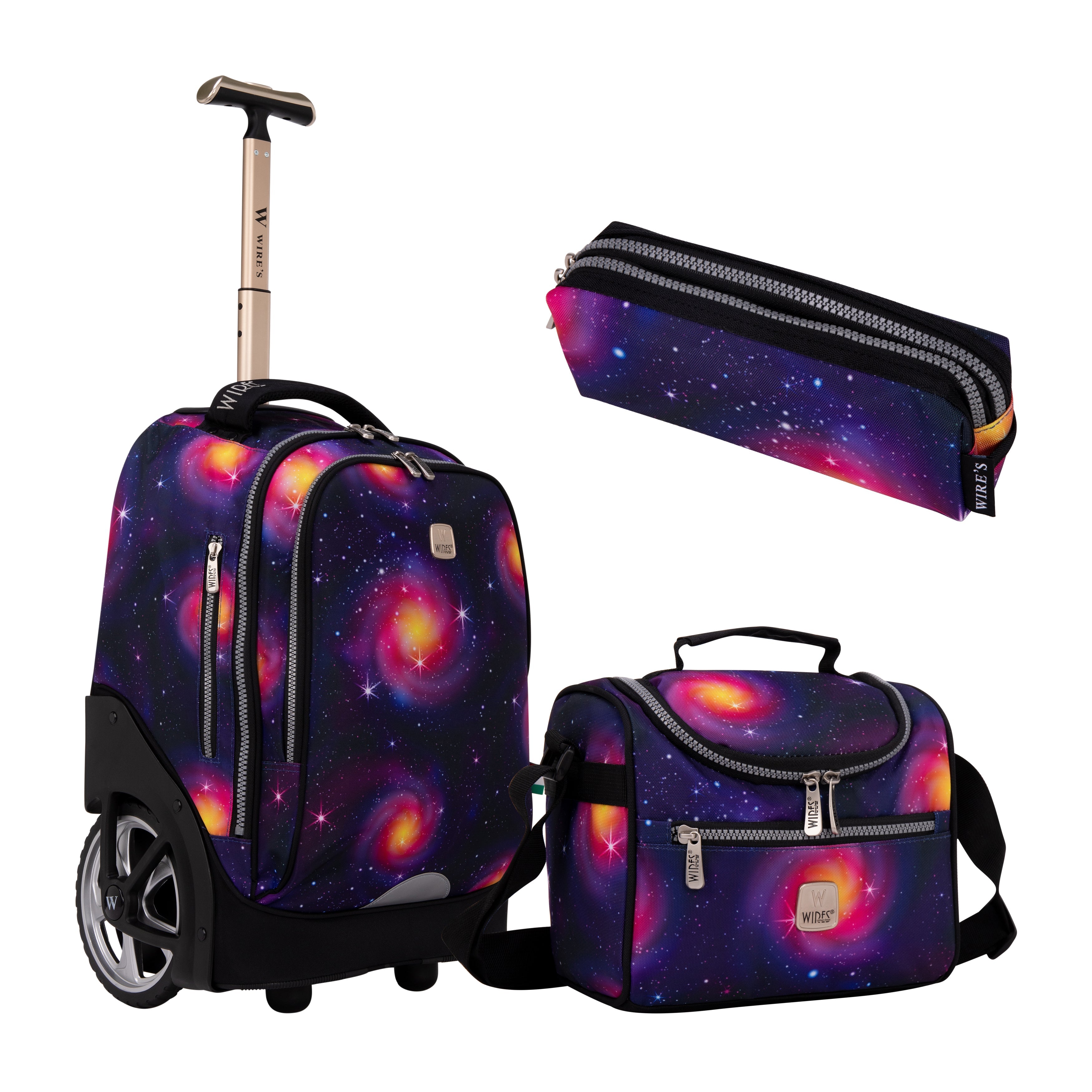 مجموعة حقائب مدرسية بعجلات كبيرة من Purple Planet Wires، مكونة من 3 قطع - حقيبة غداء وحافظة أقلام - W24517
