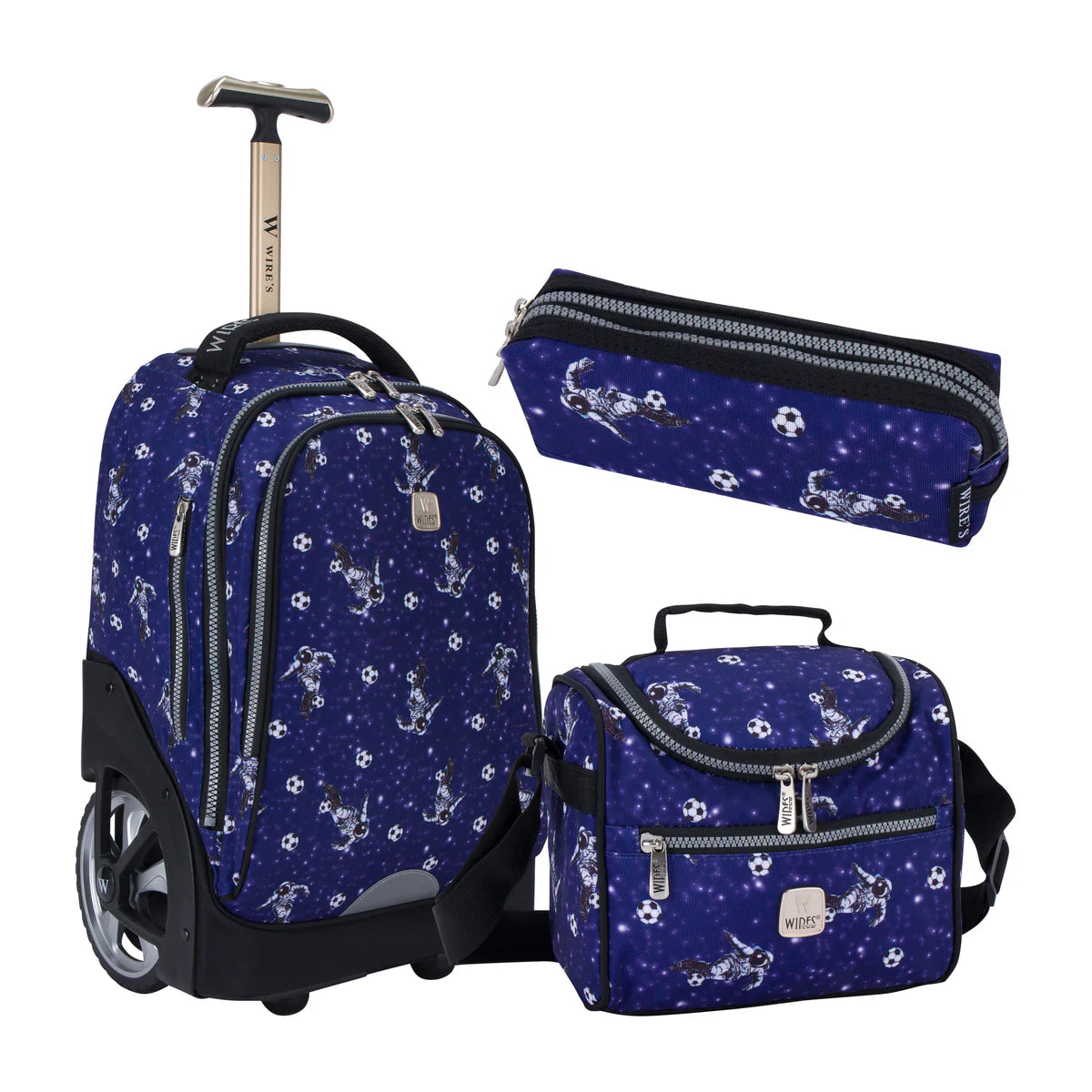 حقيبة مدرسية كبيرة بعجلات كبيرة من Space Football Blue Wires w24531، مجموعة من 3 قطع - حقيبة غداء وحافظة أقلام