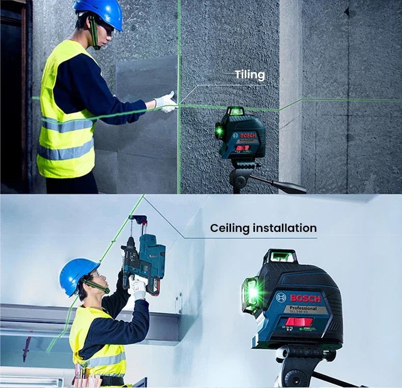 BOSCH GCL100-80CG Cross Line Laser Kit, 3 Beams, 1 Dots, 2 Lines, Green, 100 Ft Range Without Detector