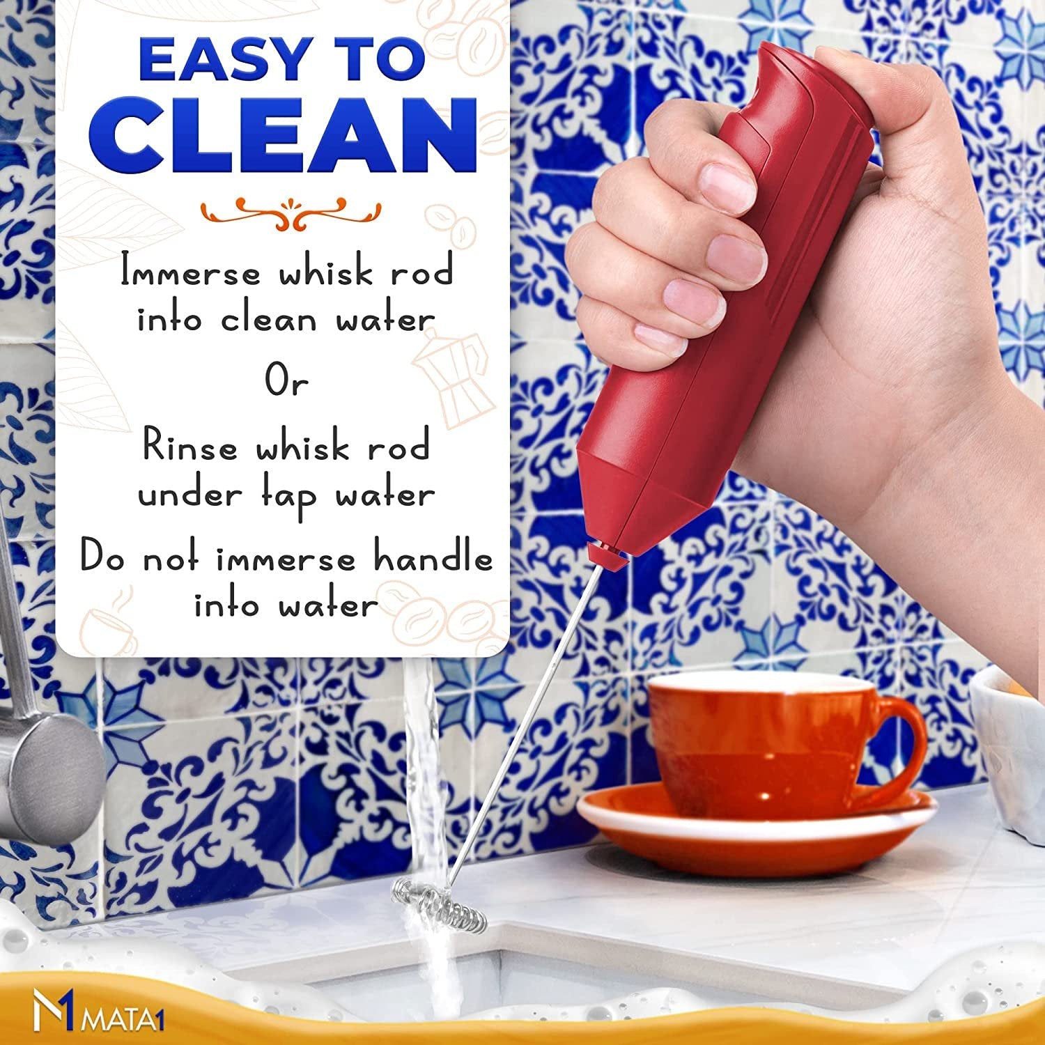 خلاط خفق حليب القهوة، خلاط مشروبات يدوي كهربائي مع حامل، أحمر، من Mata1-USA