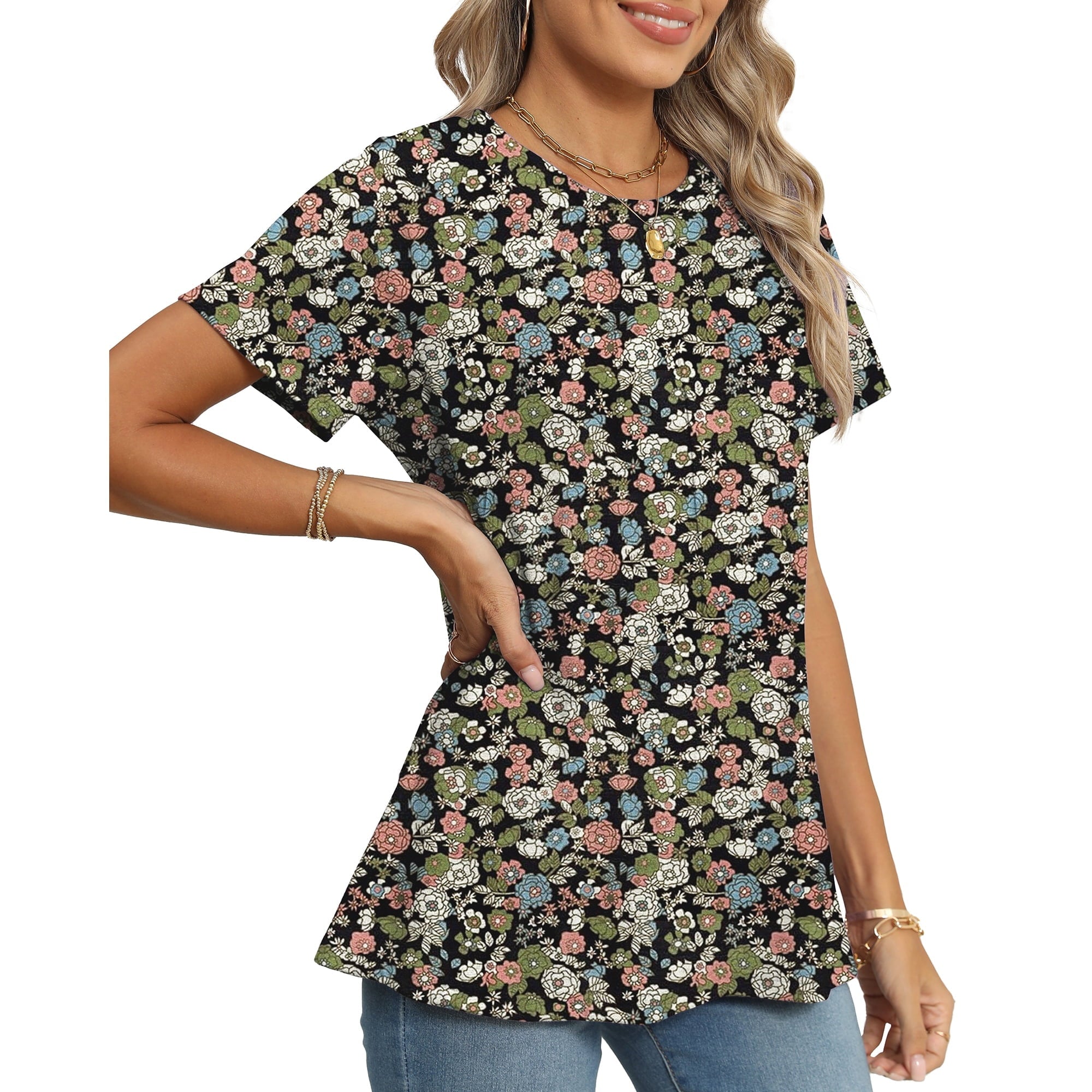 SIZE: 2XL - Rosvigor Blouses for Women Short Sleeve Shirts Casual Dressy Summer Tops with Pleats