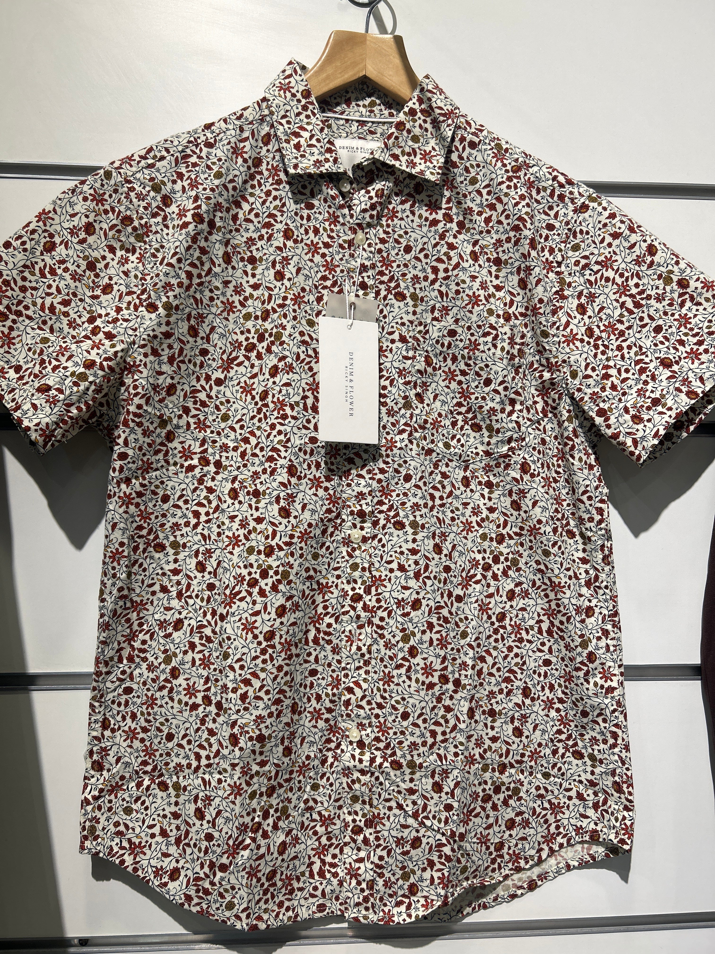 Denim & Flower Men’s Red & White Floral Design Shirt – Stylish Casual Wear