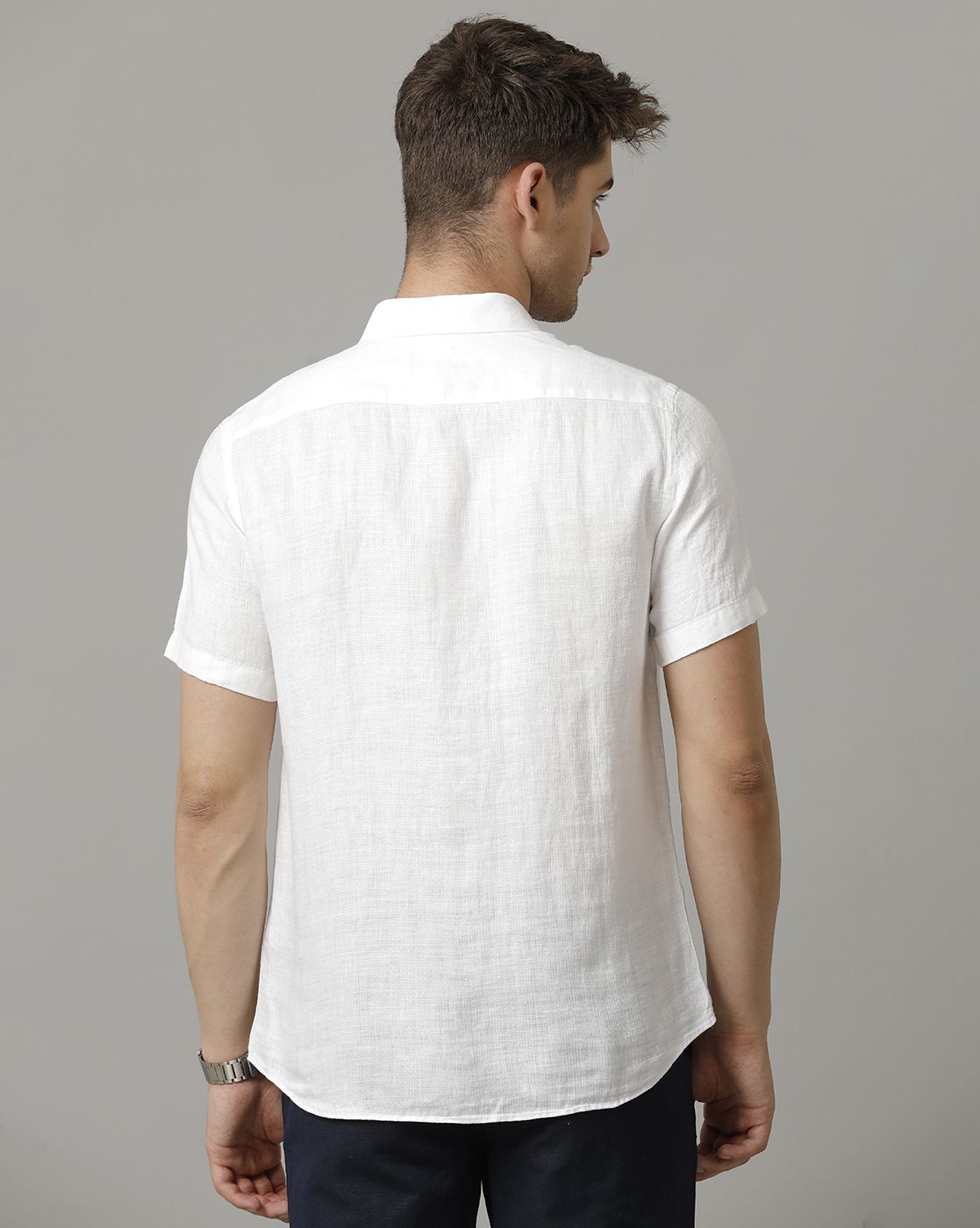 LINEN CLUB MEN'S PURE LINEN WHITE SOLID CONTEMPORARY FIT HALF SLEEVE CASUAL SHIRT