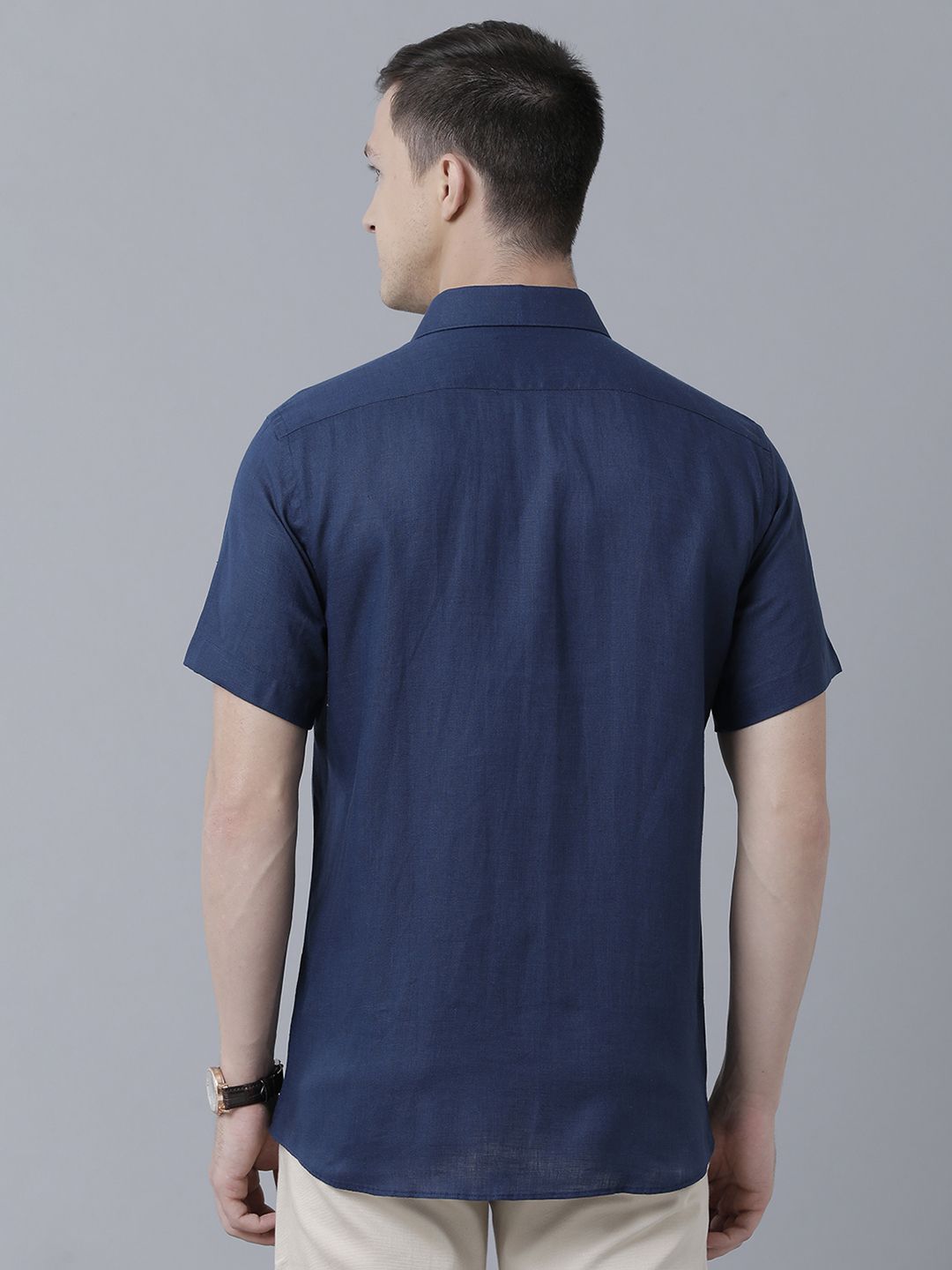 LINEN CLUB STUDIO MEN'S PURE LINEN BLUE SOLID REGULAR FIT HALF SLEEVE CASUAL SHIRT