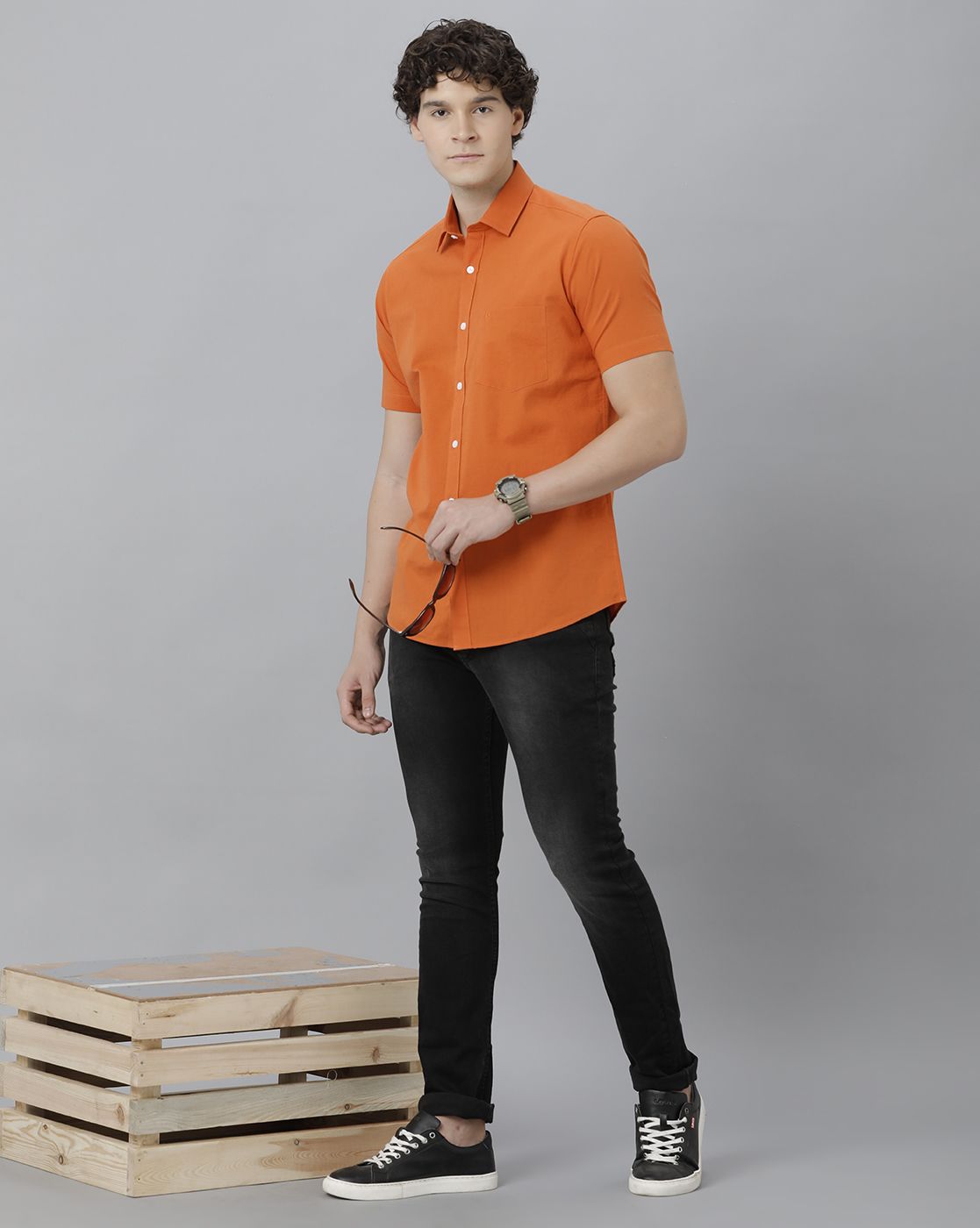LINEN CLUB MEN'S COTTON LINEN ORANGE SOLID REGULAR FIT HALF SLEEVE CASUAL SHIRT