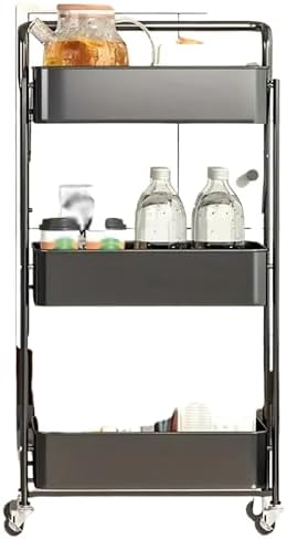 Prince horizon 3 Tier Utility Rolling Cart Foldable Metal Cart with Caster Wheels Rolling Multifunction Storage Unit with Locking Wheels for Bathroom Kitchen (Black, 45X30X85 CM)