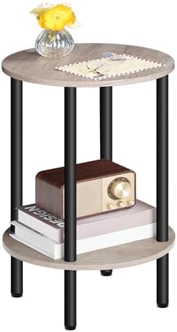 CHOEZON Round Side Table, 2-Tier End Table, Small Round Nightstand with Sturdy Metal Tube, Industrial Coffee Table Round, for Living Room, Bedroom, Greige and Black TBZ01BG