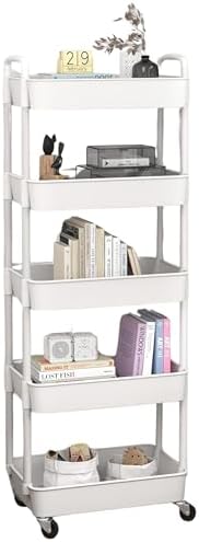 Prince horizon 3-5 Tier Rolling Utility Cart, Multifunctional Metal Frame Storage Cart for Office, Home, Kitchen, Bedroom, Bathroom, Laundry Room (White, 27x44x104 CM)