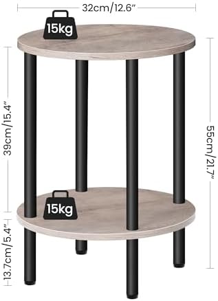 CHOEZON Round Side Table, 2-Tier End Table, Small Round Nightstand with Sturdy Metal Tube, Industrial Coffee Table Round, for Living Room, Bedroom, Greige and Black TBZ01BG