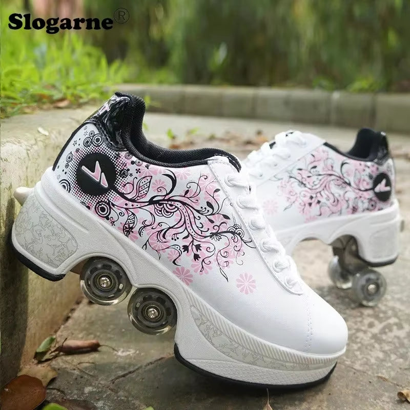 Boy Four Wheels Skate Shoes Double Rows Roller Men Inline Skates Walking Casual Sports Sneakers Kids' Deformation Roller Skates