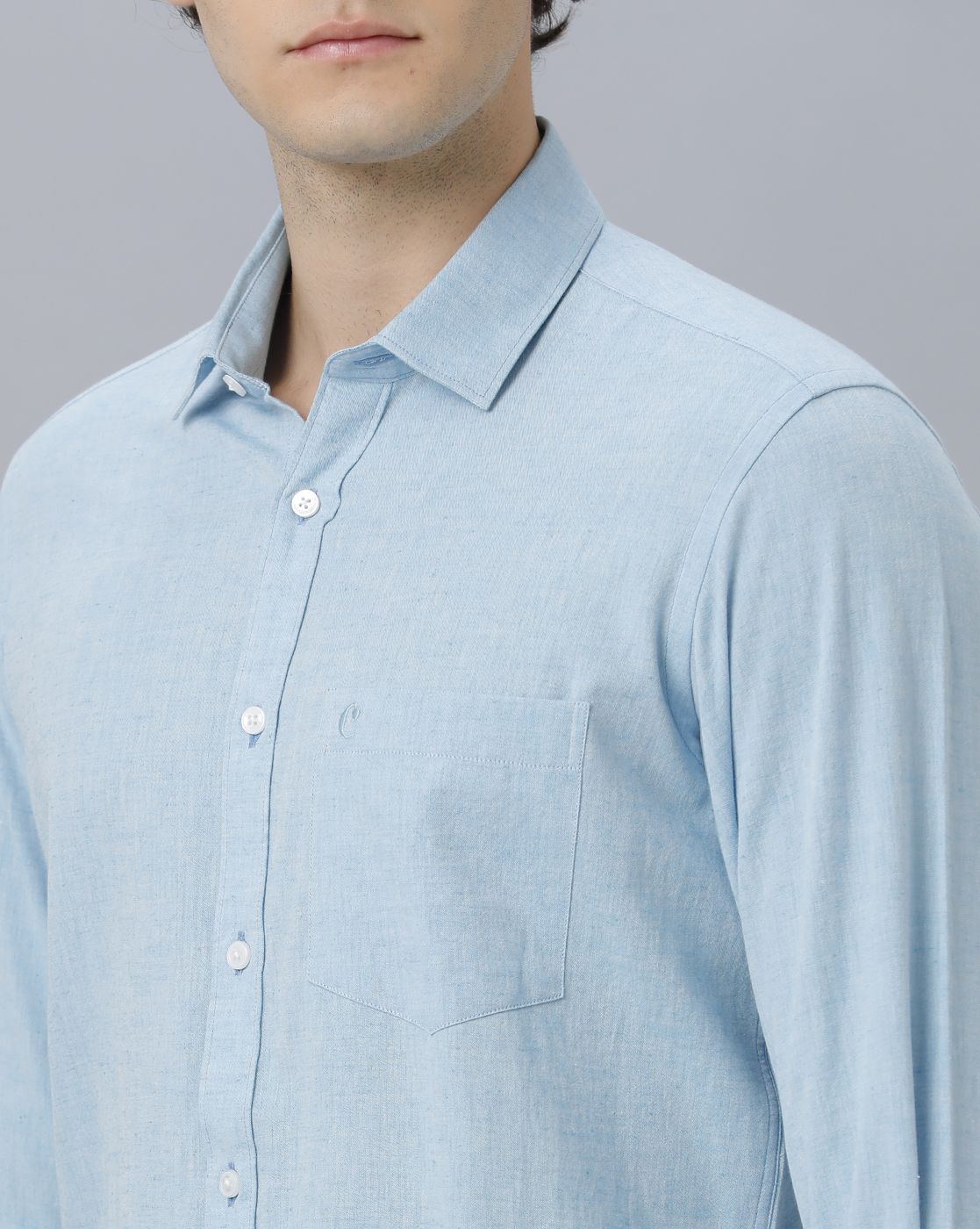 قميص رجالي من LINEN CLUB مصنوع من القطن والكتان باللون الأزرق، بقصة عادية وأكمام طويلة، مناسب للارتداء اليومي
