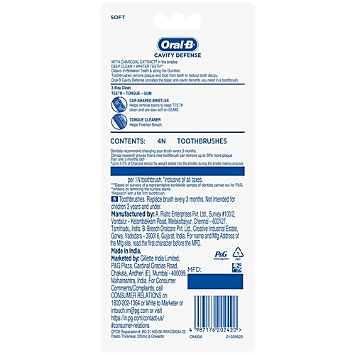 Oral-B Cavity Defense Toothbrush With Charcoal Extract, Soft, Cleans Deep, Removes Stain