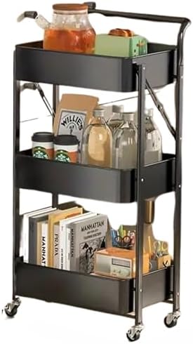 Prince horizon 3 Tier Utility Rolling Cart Foldable Metal Cart with Caster Wheels Rolling Multifunction Storage Unit with Locking Wheels for Bathroom Kitchen (Black, 45X30X85 CM)