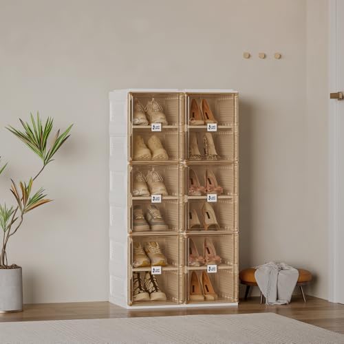 Antbox Shoe Organizer Storage Box, Portable Folding Shoe Rack for Closet with Magnetic Clear Door,Large Sneaker Cabinet Bins All-in-one Sturdy Easy Assembly 6 Layers-12 Grids, Brown (S2-S12-D6)