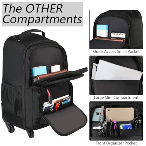 MATEIN Rolling Backpack with 4 Wheels, Roller Travel Laptop Backpack Black