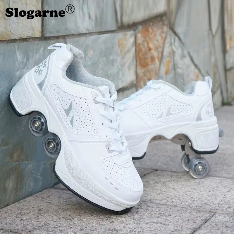 Boy Four Wheels Skate Shoes Double Rows Roller Men Inline Skates Walking Casual Sports Sneakers Kids' Deformation Roller Skates