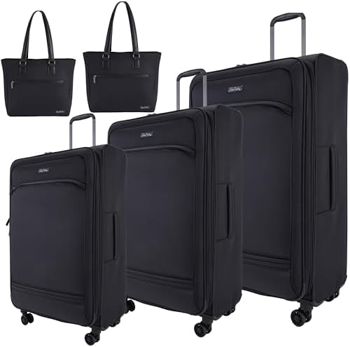 Pierre Cardin Softside Luggage Set of 5 Ultra Light Weight 4 Wheels TSA Approved (BLACK)
