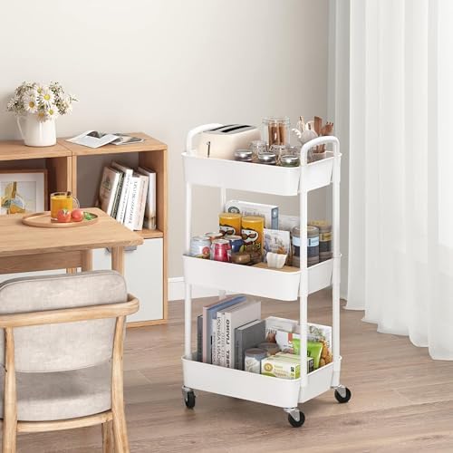 Prince horizon 2-3Tier Utility Rolling Cart Foldable Metal Cart with Caster Wheels Rolling Multifunction Storage Unit with Locking Wheels for Bathroom Kitchen Office (White, 30x46x76 CM)