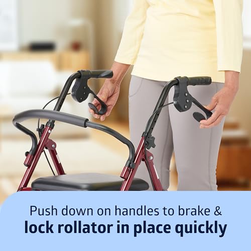 Medline Rollator Walker with Seat, Steel Rolling Walker with 15.24 cm Wheels Supports up to 159 kg, Burgundy ( tag missing parts Bluky )
