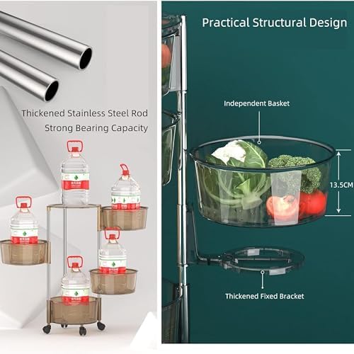 Prince horizone Multi-Layer Kitchen Storage Shelf, Rotatable Kitchen Fruit Vegetable Storage Basket,stainless steel circula Storage Rack Floor Standing, (Black, 35x35x77 CM)