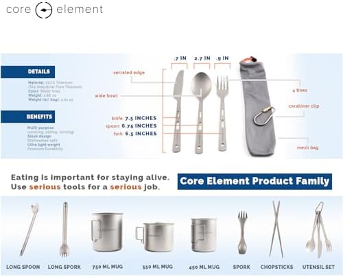 CORE ELEMENT CE 100% Titanium Three-Piece Utensil Set Fork Knife Spoon Outdoor Ultralight Portable Open Campfire Flatware for Camping Backpacking