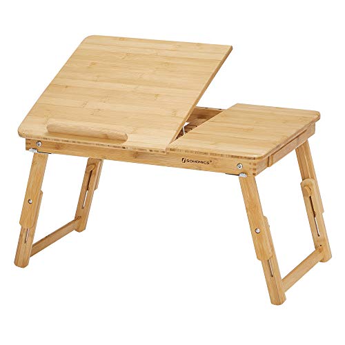 SONGMICS Laptop Desk, Folding Lap Tray, Bamboo Bed Desk with Tilting Top