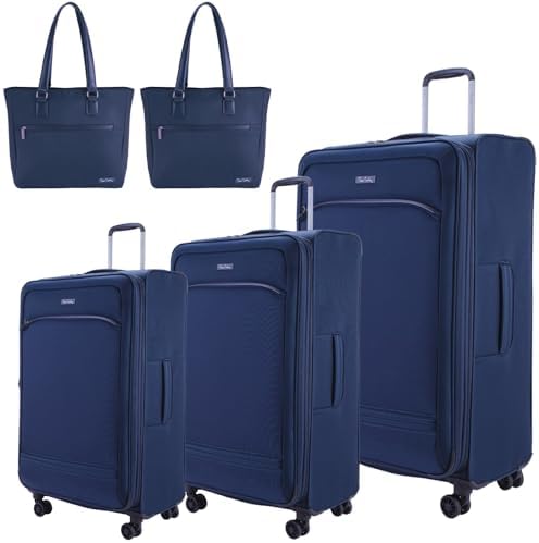Pierre Cardin Softside Luggage Set of 5 Ultra Light Weight 4 Wheels TSA Approved (NAVY)
