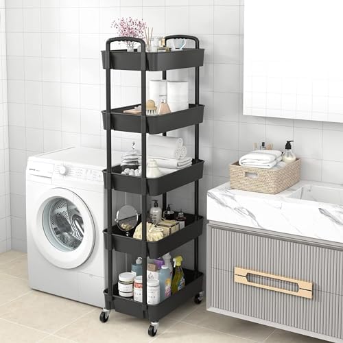 Prince horizon 3-5 Tier Rolling Utility Cart, Multifunctional Metal Frame Storage Cart for Office, Home, Kitchen, Bedroom, Bathroom, Laundry Room (White, 27x44x104 CM)