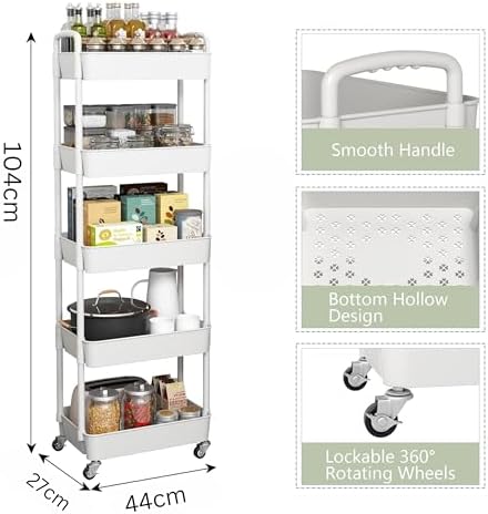 Prince horizon 3-5 Tier Rolling Utility Cart, Multifunctional Metal Frame Storage Cart for Office, Home, Kitchen, Bedroom, Bathroom, Laundry Room (White, 27x44x104 CM)