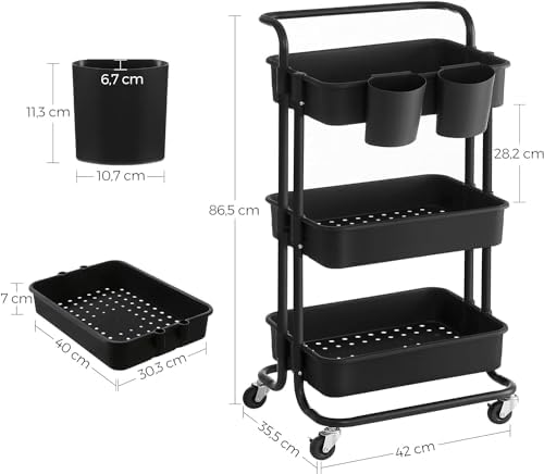 Prince horizon Rolling Storage Utility Cart, Multifunctional Metal Frame Storage Cart for Office, Home, Kitchen, Bedroom, Bathroom, Laundry Room (Black, 39x36x80 CM)