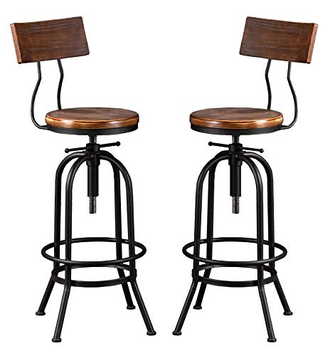 LOKKHAN Industrial Bar Stool-26-32 Inch Adjustable Swivel Round Wood Metal Kitchen Stool Rustic Farmhouse Counter Height Extra Tall Bar Height Stool-Arc-Shaped, Set of 2