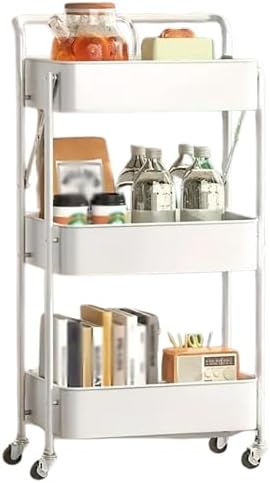 Prince horizon 3 Tier Utility Rolling Cart Foldable Metal Cart with Caster Wheels Rolling Multifunction Storage Unit with Locking Wheels for Bathroom Kitchen (White, 45X30X85 CM)