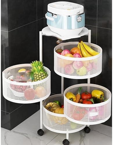 Prince horizone Multi-Layer Kitchen Storage Shelf, Rotatable Kitchen Fruit Vegetable Storage Basket, Storage Rack Floor Standing (White, 30x30x60 CM)