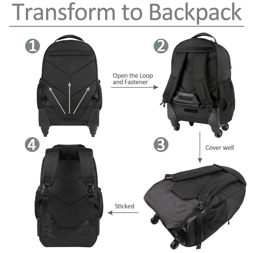MATEIN Rolling Backpack with 4 Wheels, Roller Travel Laptop Backpack Black