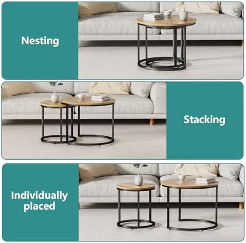 Smuxee Nesting Coffee Table Set of 2, 23.6" Round Coffee Table Brown Wood with Adjustable Non-Slip Feet, Industrial End Table Side Tables for Living Room Bedroom Balcony Yard