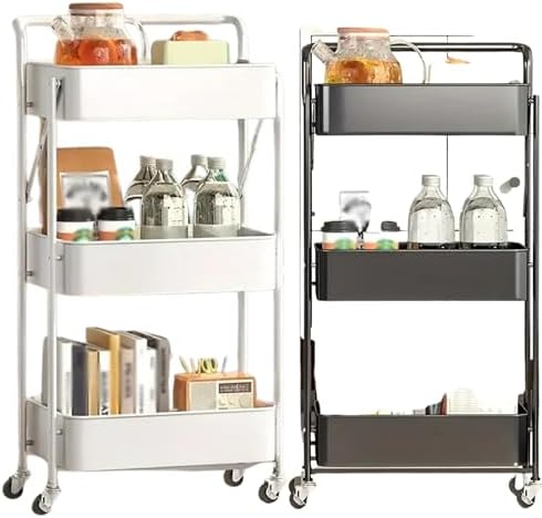 Prince horizon 3 Tier Utility Rolling Cart Foldable Metal Cart with Caster Wheels Rolling Multifunction Storage Unit with Locking Wheels for Bathroom Kitchen (White, 45X30X85 CM)