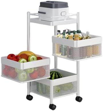 Prince horizon Multi-Layer Kitchen Storage Shelf, Rotatable Kitchen Fruit Vegetable Storage Basket, Storage Rack Floor Standing, (White, 28x28x61 CM)