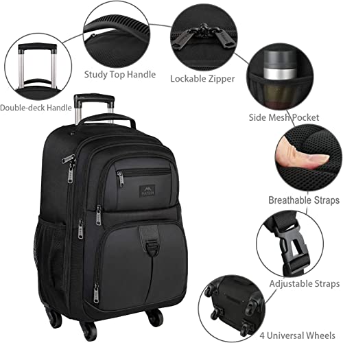 MATEIN Rolling Backpack with 4 Wheels, Roller Travel Laptop Backpack Black