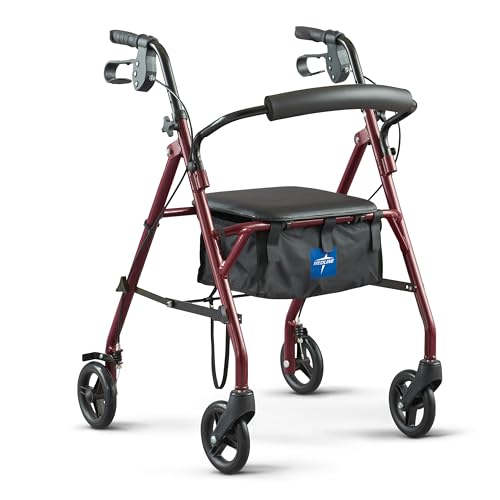 Medline Rollator Walker with Seat, Steel Rolling Walker with 15.24 cm Wheels Supports up to 159 kg, Burgundy ( tag missing parts Bluky )